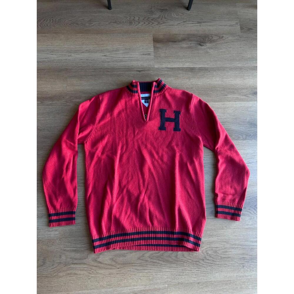 TOMMY HILFIGER H LOGO Red Sweater Sz XL Cotton Knit College Half Zip Chest